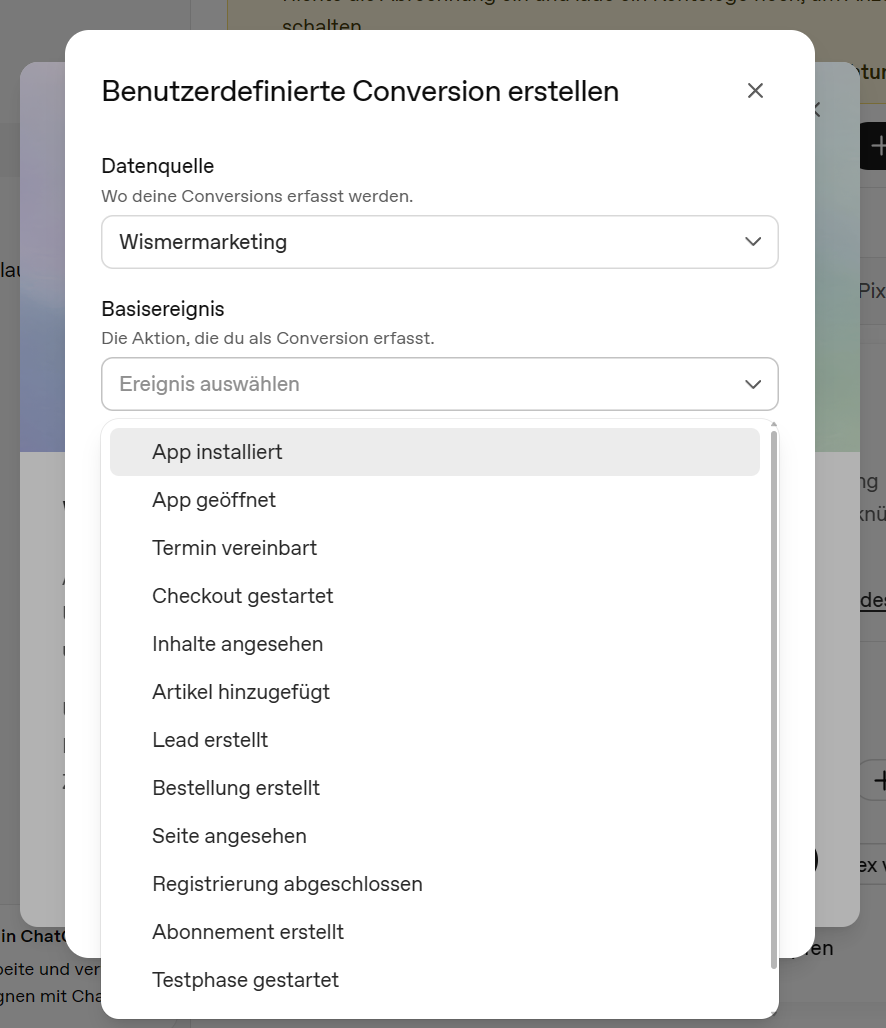 Dialog Benutzerdefinierte Conversion erstellen im OpenAI Ads Manager mit der Liste der Basisereignisse.