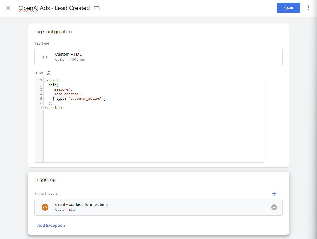 GTM Custom-HTML-Tag, der oaiq measure lead_created beim Event contact_form_submit auslöst.