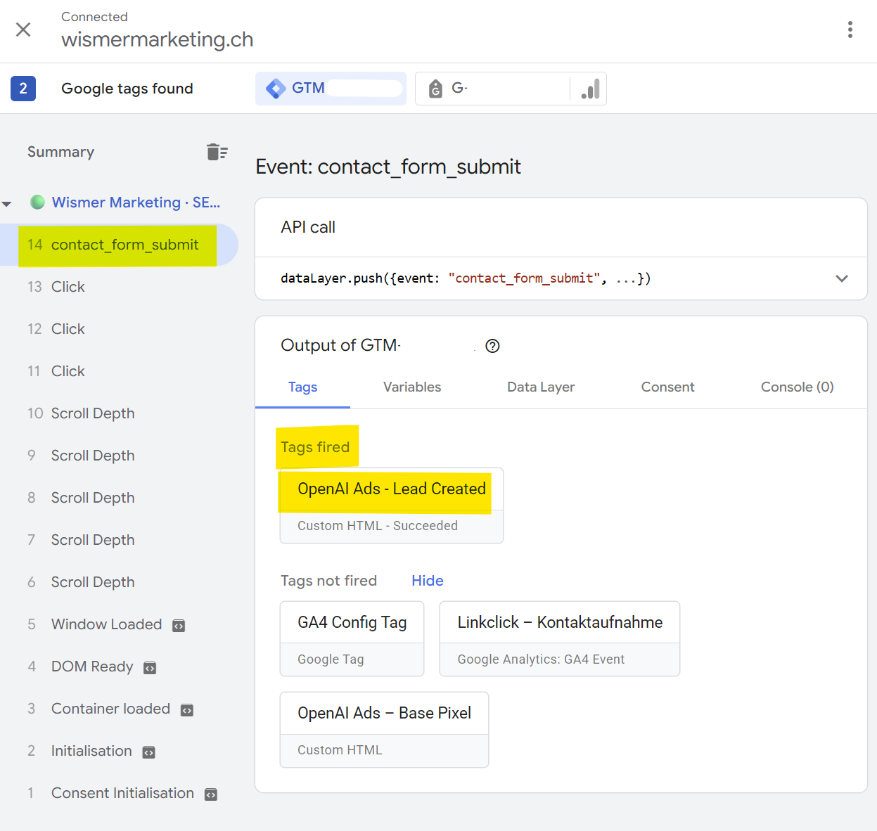 GTM Preview zeigt das Event contact_form_submit und den gefeuerten Tag OpenAI Ads Lead Created.