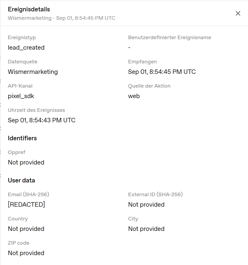 Ereignisdetails im Ads Manager: lead_created über pixel_sdk, E-Mail als SHA-256, Oppref nicht vorhanden.