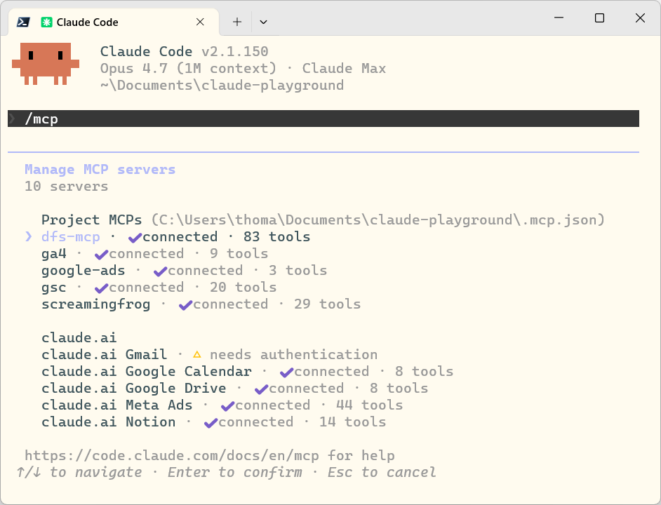Output von claude mcp list mit allen verbundenen MCP-Servern.