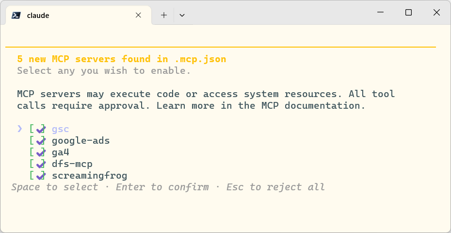 Der Project-Scope-Trust-Prompt von Claude Code beim ersten Start in einem Workspace mit .mcp.json.