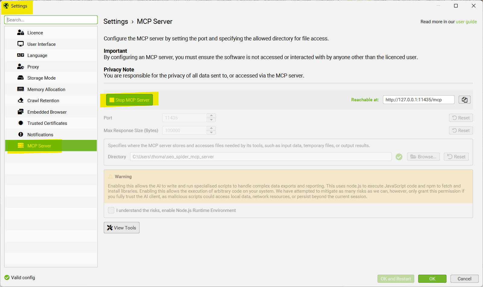 Screaming Frog Settings-Dialog mit dem hervorgehobenen 'Start MCP Server'-Eintrag unter File > Settings > MCP Server.