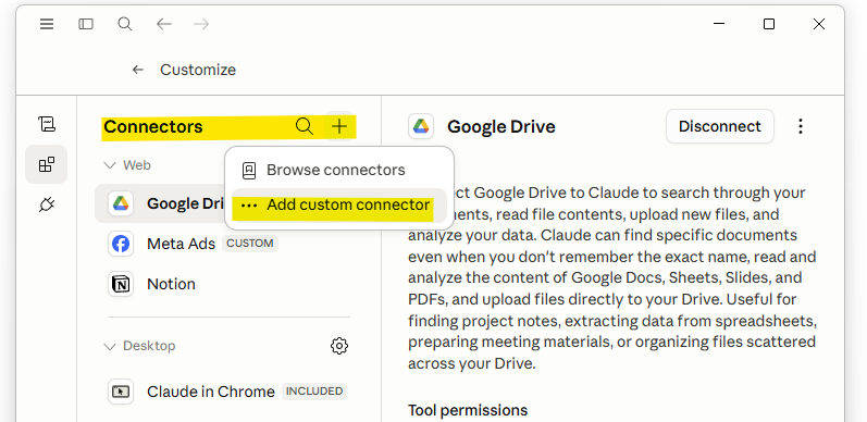 Im Bereich Connectors öffnet das Plus-Symbol ein Menü mit der Option 'Add custom connector'.