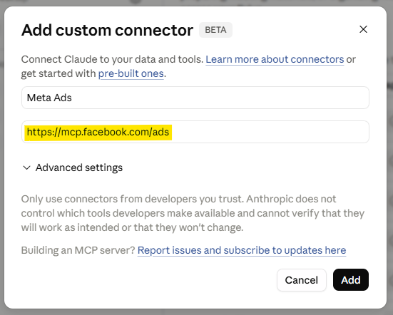 Der Dialog 'Add custom connector' mit dem Namen 'Meta Ads' und der Server-URL https://mcp.facebook.com/ads.