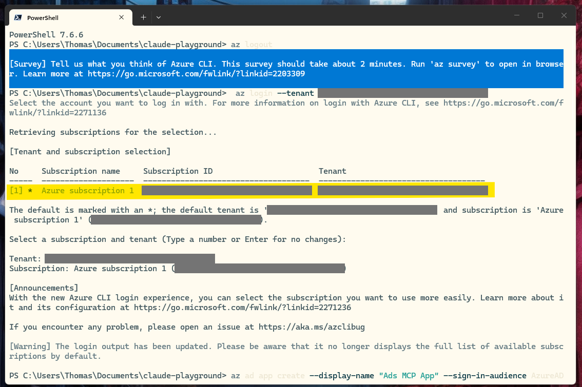 PowerShell-Ausgabe von az login mit Tenant-Angabe. Die markierte Zeile zeigt Subscription und Tenant, die IDs sind geschwärzt.