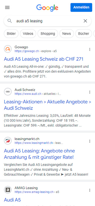 Google-SERP für 'audi a5 leasing' mit gowago.ch auf Position 1.