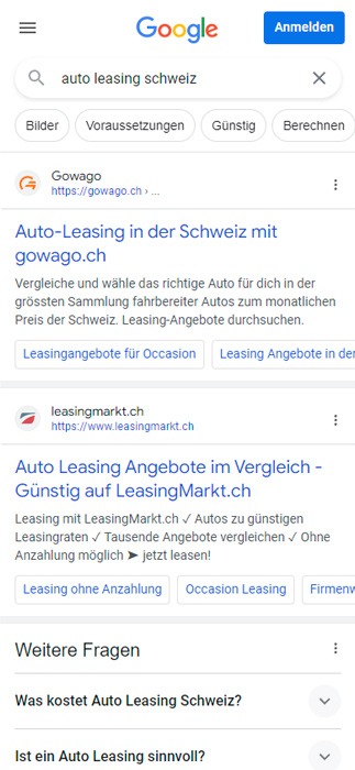 Google-SERP für 'auto leasing schweiz' mit gowago.ch auf Position 1.