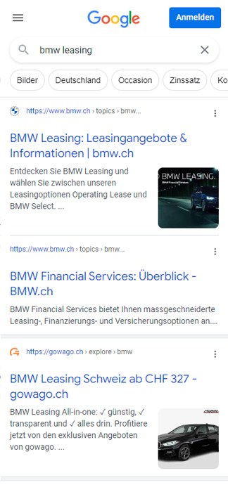 Google-SERP für 'bmw leasing' mit gowago.ch unter den Top-Ergebnissen.