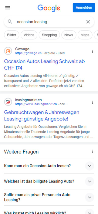 Google-SERP für 'occasion leasing' mit gowago.ch auf Position 1.