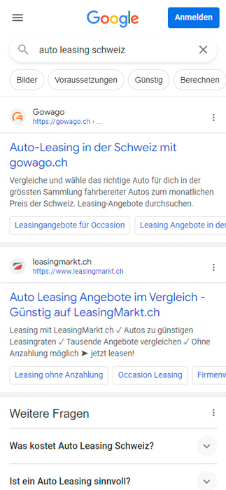Keyword: auto leasing schweiz Position: 1 Monatliches Suchvolumen (Google, CH): 2900